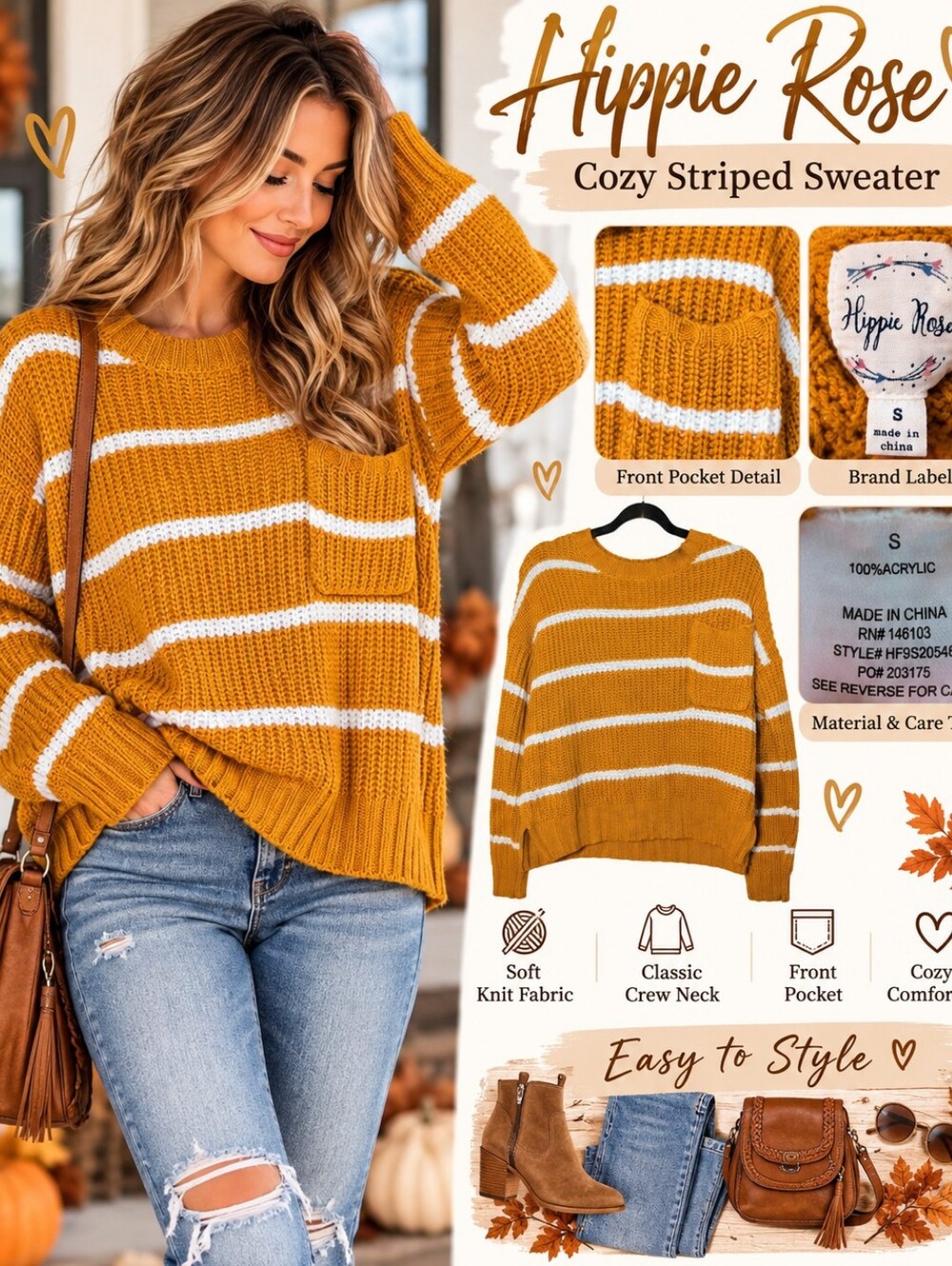 Hippie Rose Mustard and White Striped Crewneck Sweater